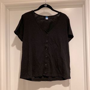 Slub-knit v-neck button front cotton blouse